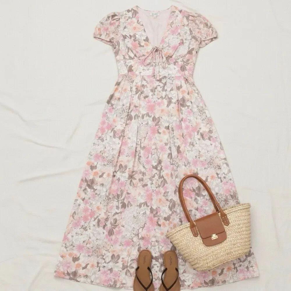 NWT Avec Les Filles Linen Fit & Flare Maxi Dress Pink Floral Tie Front *